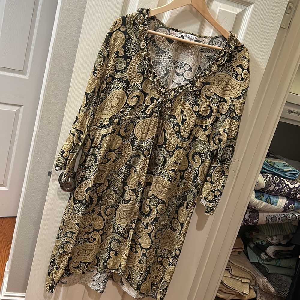 Mudpie Women's Black & Beige 100% Linen 3/4 Sleeve V-Neck Knee Length Dress L